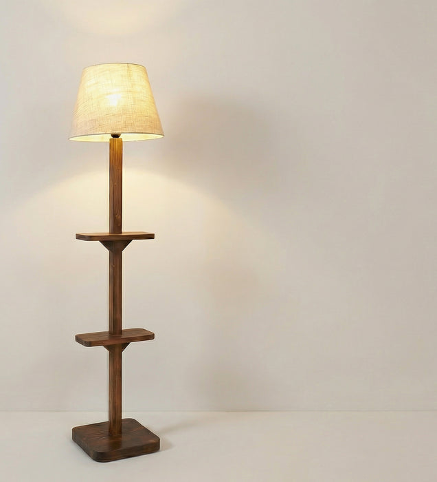 Elania Wooden Floor Lamp with Brown Base and Beige Fabric Lampshade