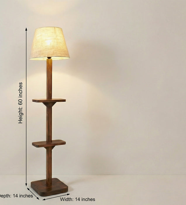 Elania Wooden Floor Lamp with Brown Base and Beige Fabric Lampshade
