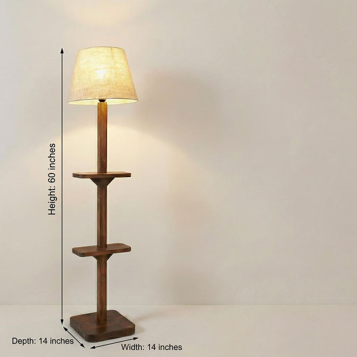 Elania Wooden Floor Lamp with Brown Base and Beige Fabric Lampshade