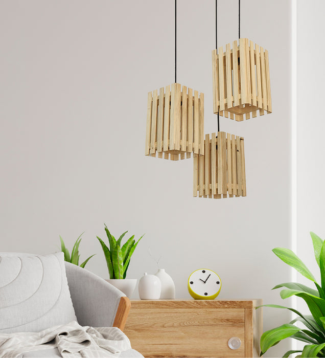 Elegant Beige Wooden Cluster Hanging Lamp
