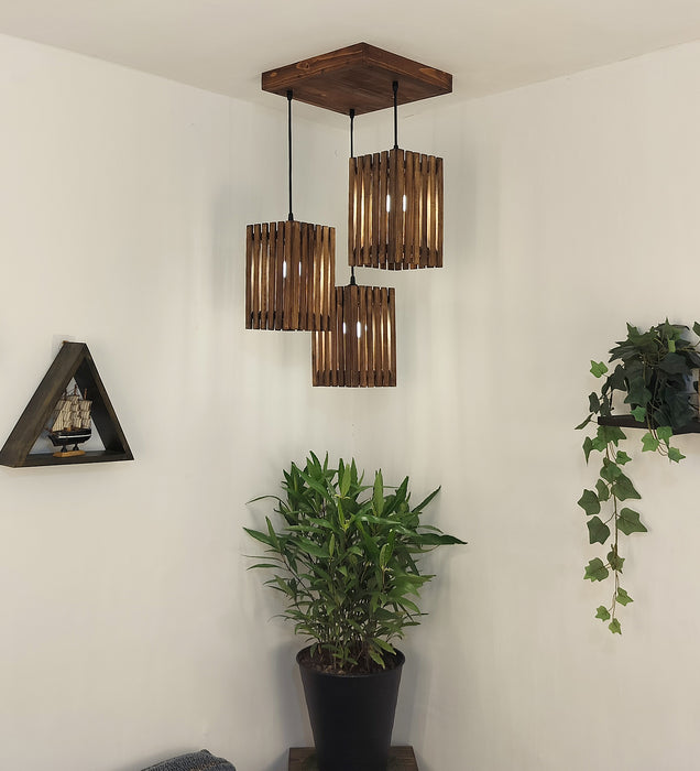 Elegant Brown Wooden Cluster Hanging Lamp