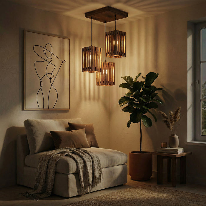 Elegant Brown Wooden Cluster Hanging Lamp