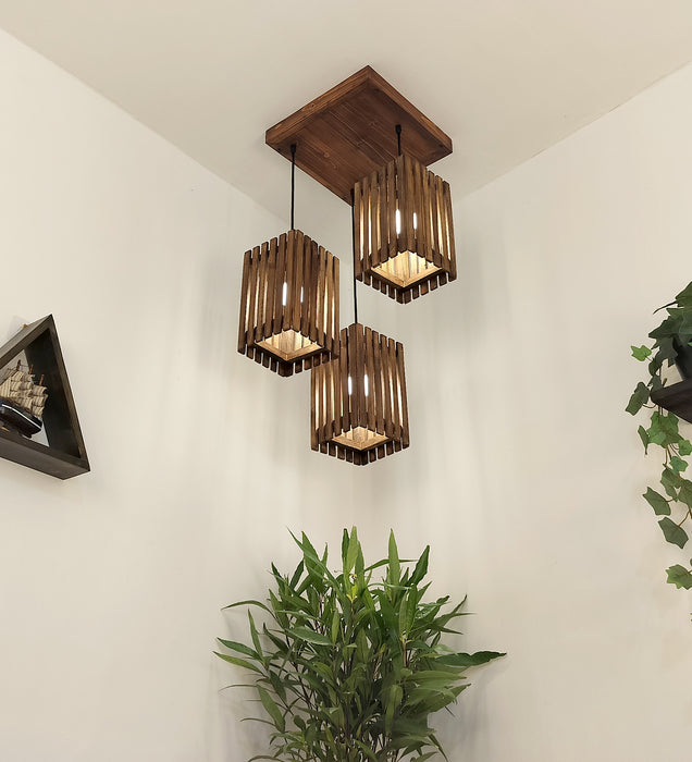 Elegant Brown Wooden Cluster Hanging Lamp