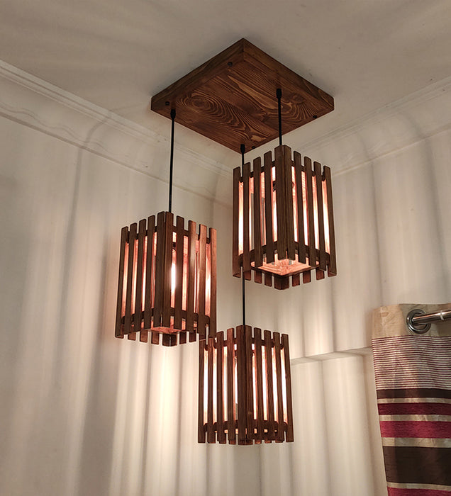 Elegant Brown Wooden Cluster Hanging Lamp
