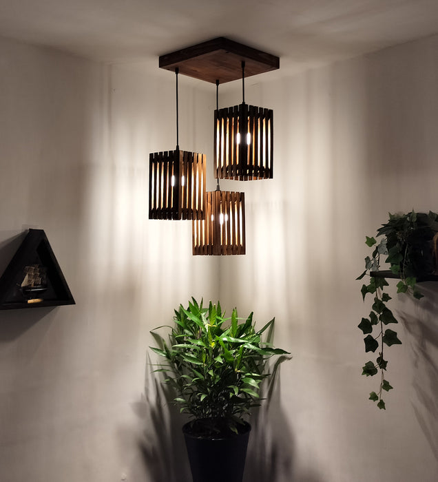 Elegant Brown Wooden Cluster Hanging Lamp