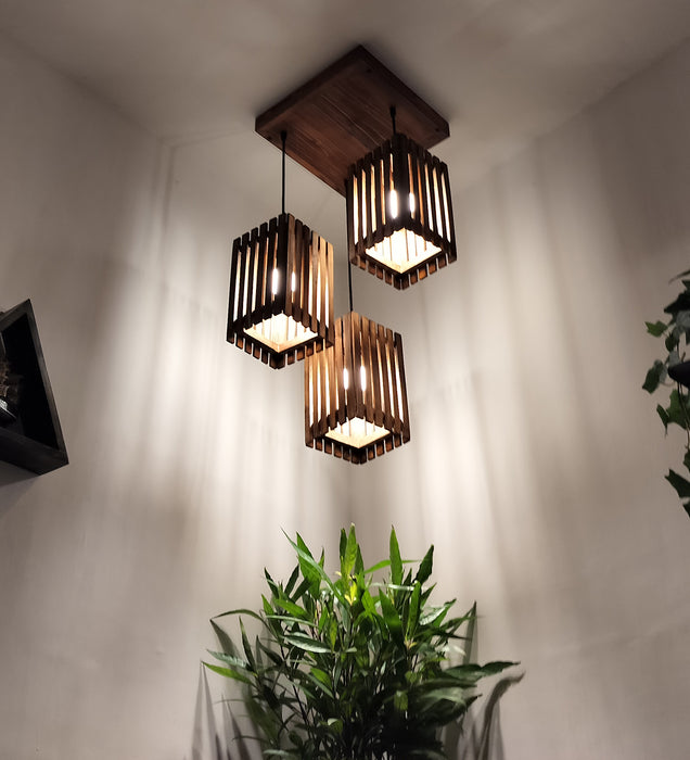 Elegant Brown Wooden Cluster Hanging Lamp