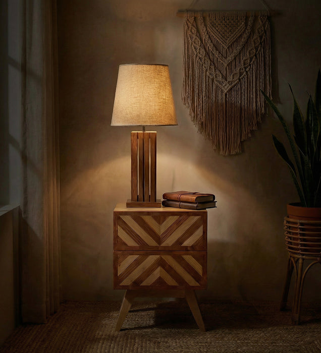 Elegant Brown Wooden Table Lamp with Black Fabric Lampshade