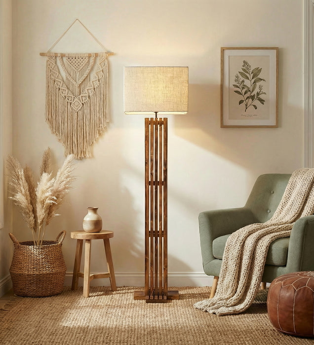 Elegant Wooden Floor Lamp With Brown Base and Premium Beige Fabric Lampshade