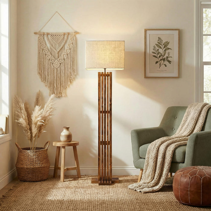 Elegant Wooden Floor Lamp With Brown Base and Premium Beige Fabric Lampshade