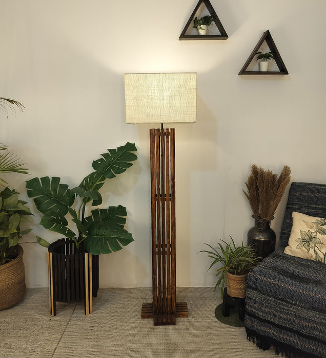 Elegant Wooden Floor Lamp With Brown Base and Premium Beige Fabric Lampshade