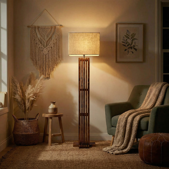 Elegant Wooden Floor Lamp With Brown Base and Premium Beige Fabric Lampshade