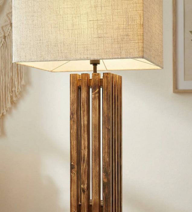 Elegant Wooden Floor Lamp With Brown Base and Premium Beige Fabric Lampshade