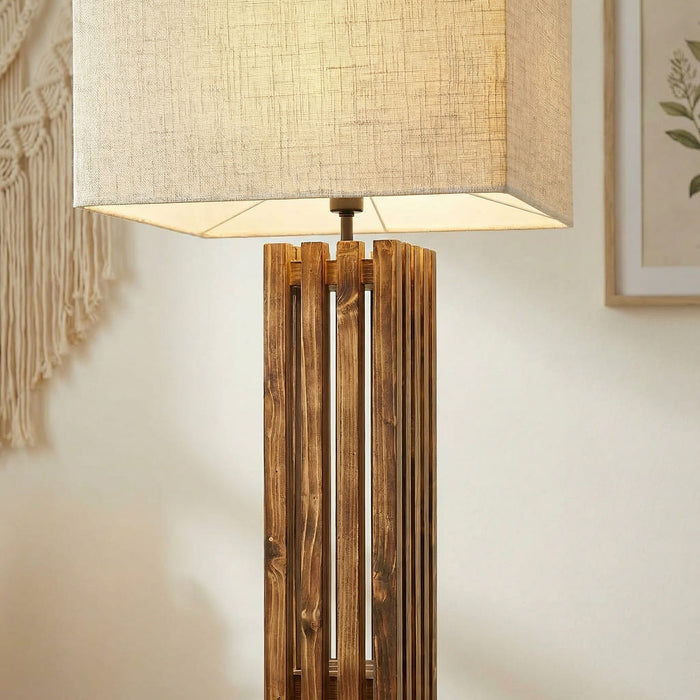 Elegant Wooden Floor Lamp With Brown Base and Premium Beige Fabric Lampshade