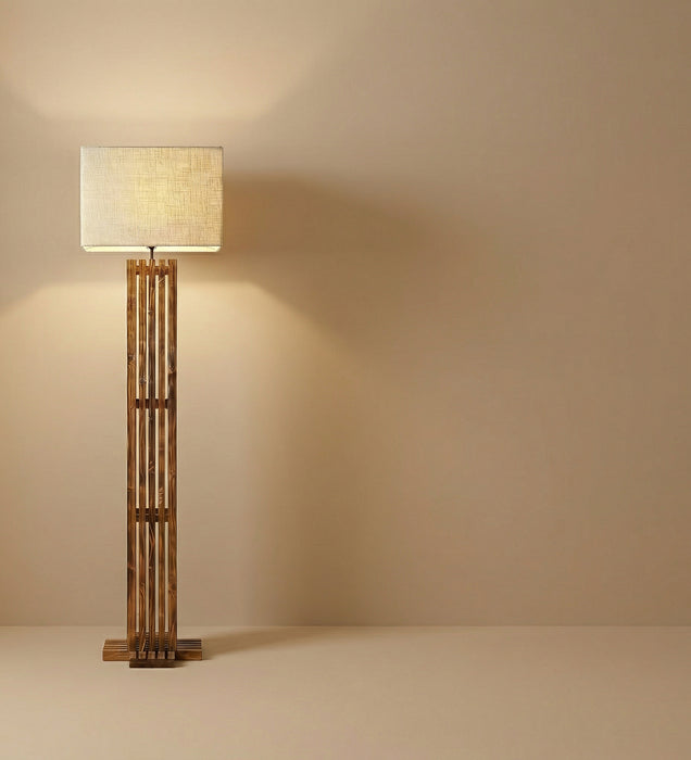 Elegant Wooden Floor Lamp With Brown Base and Premium Beige Fabric Lampshade