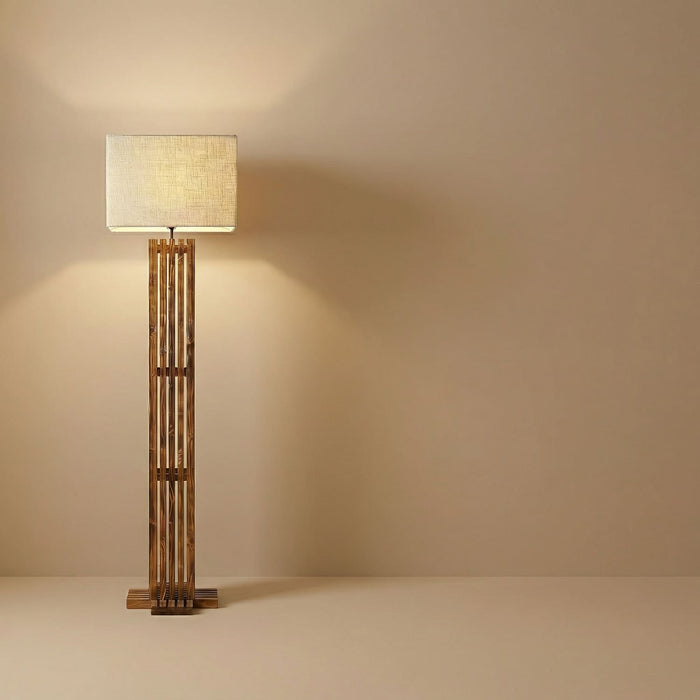 Elegant Wooden Floor Lamp With Brown Base and Premium Beige Fabric Lampshade
