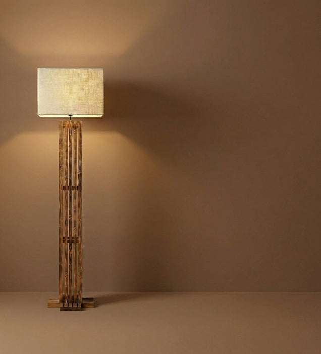 Elegant Wooden Floor Lamp With Brown Base and Premium Beige Fabric Lampshade