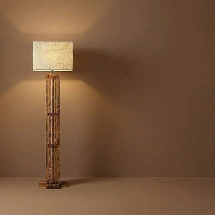 Elegant Wooden Floor Lamp With Brown Base and Premium Beige Fabric Lampshade