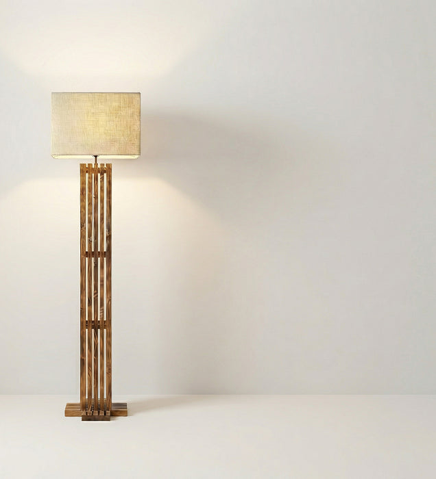 Elegant Wooden Floor Lamp With Brown Base and Premium Beige Fabric Lampshade
