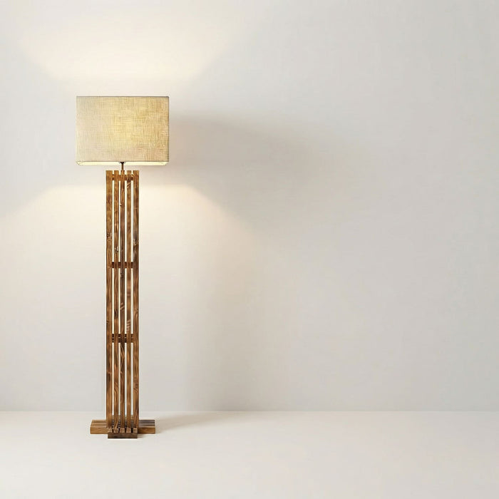 Elegant Wooden Floor Lamp With Brown Base and Premium Beige Fabric Lampshade