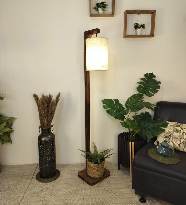 Elementary Wooden Floor Lamp with Brown Base and White Fabric Lampshade