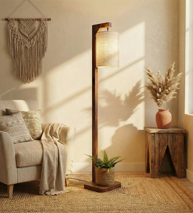 Elementary Wooden Floor Lamp with Brown Base and White Fabric Lampshade