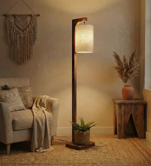 Elementary Wooden Floor Lamp with Brown Base and White Fabric Lampshade