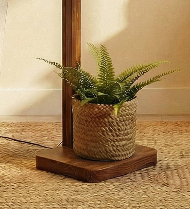 Elementary Wooden Floor Lamp with Brown Base and White Fabric Lampshade