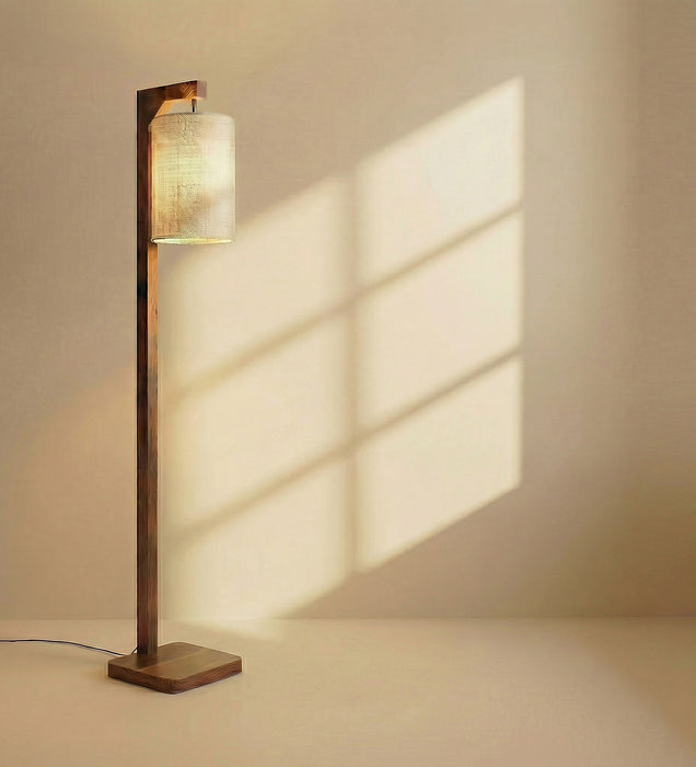 Elementary Wooden Floor Lamp with Brown Base and White Fabric Lampshade