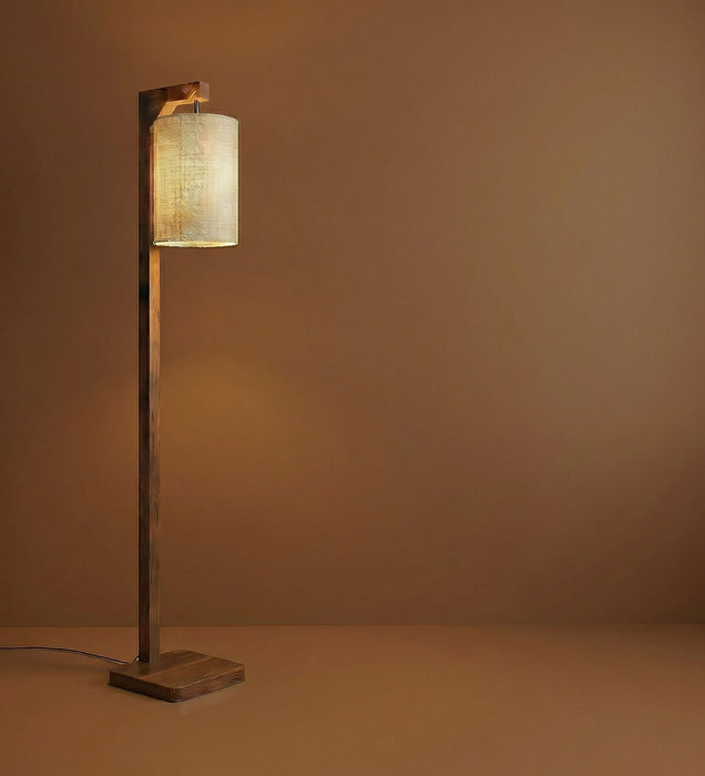Elementary Wooden Floor Lamp with Brown Base and White Fabric Lampshade
