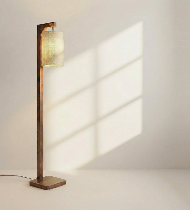 Elementary Wooden Floor Lamp with Brown Base and White Fabric Lampshade