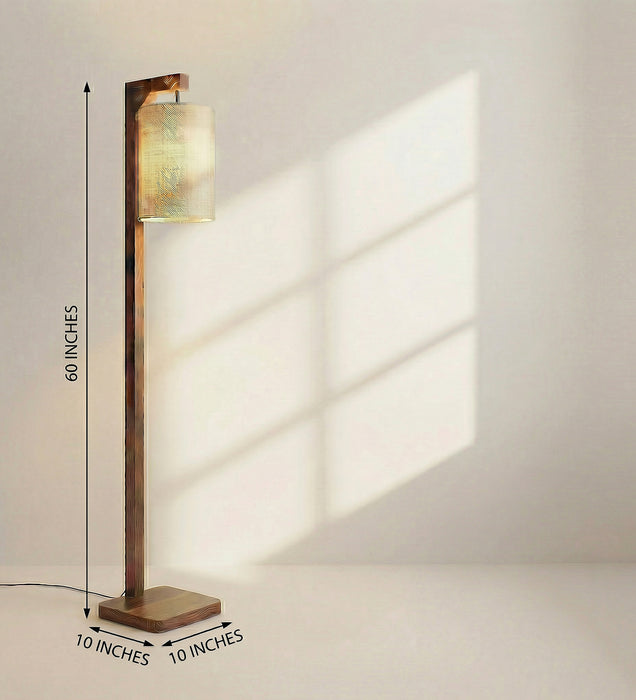 Elementary Wooden Floor Lamp with Brown Base and White Fabric Lampshade
