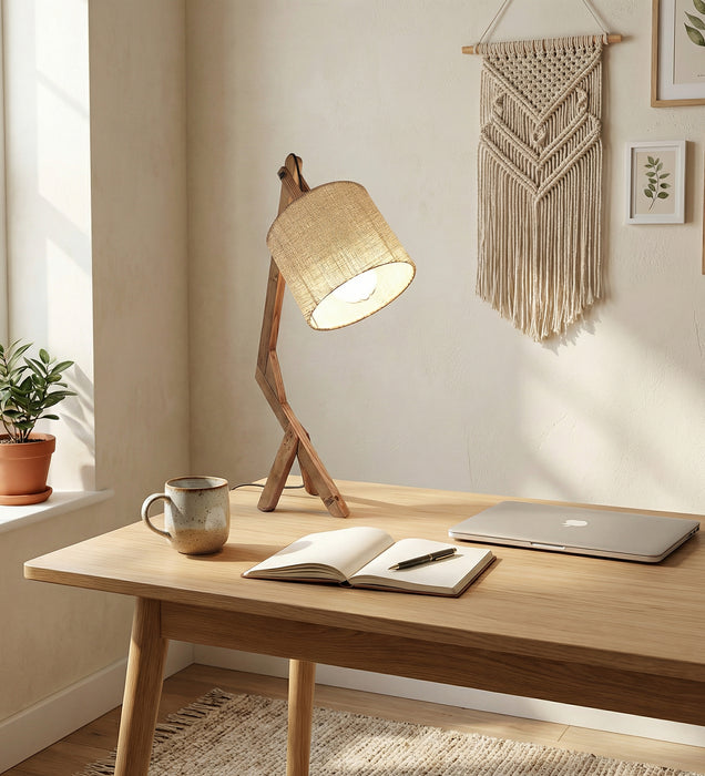 Emphasis Wooden Table Lamp with Brown Base and Yellow Fabric Lampshade