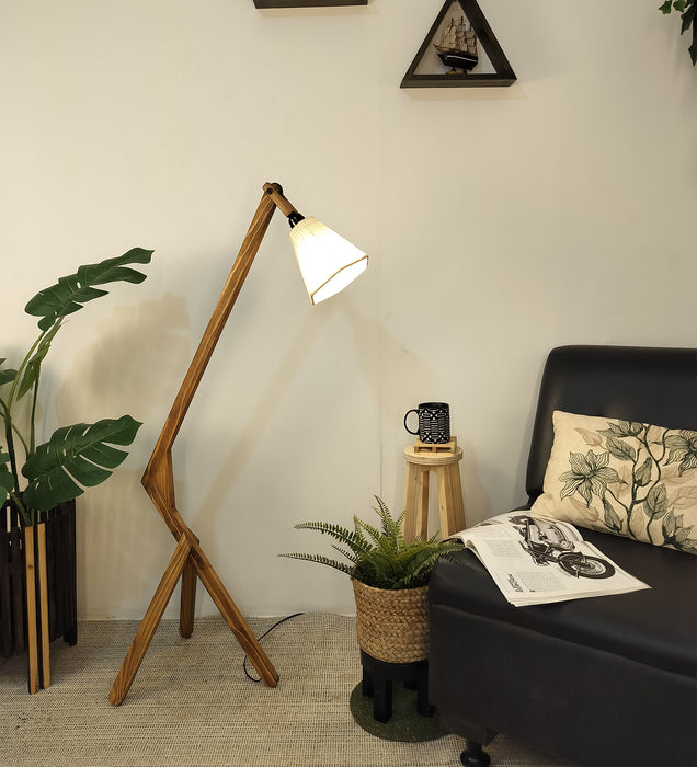Emphasis Wooden Floor Lamp with Brown Base and Beige Fabric Lampshade
