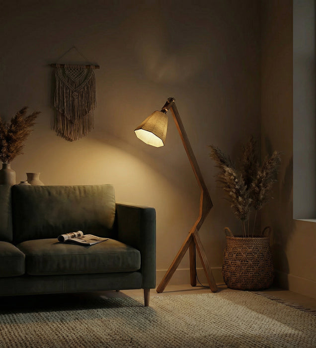 Emphasis Wooden Floor Lamp with Brown Base and Beige Fabric Lampshade