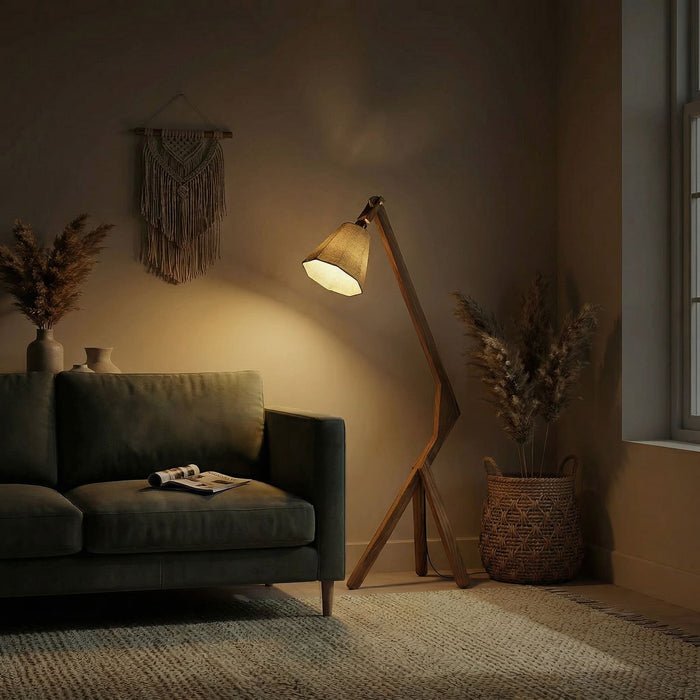 Emphasis Wooden Floor Lamp with Brown Base and Beige Fabric Lampshade