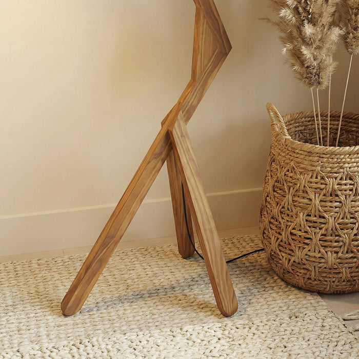 Emphasis Wooden Floor Lamp with Brown Base and Beige Fabric Lampshade