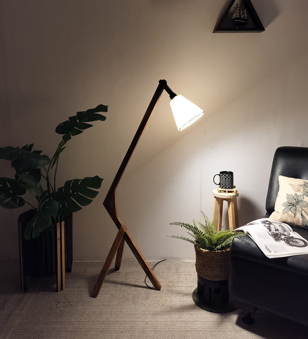 Emphasis Wooden Floor Lamp with Brown Base and Beige Fabric Lampshade