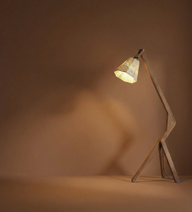 Emphasis Wooden Floor Lamp with Brown Base and Beige Fabric Lampshade
