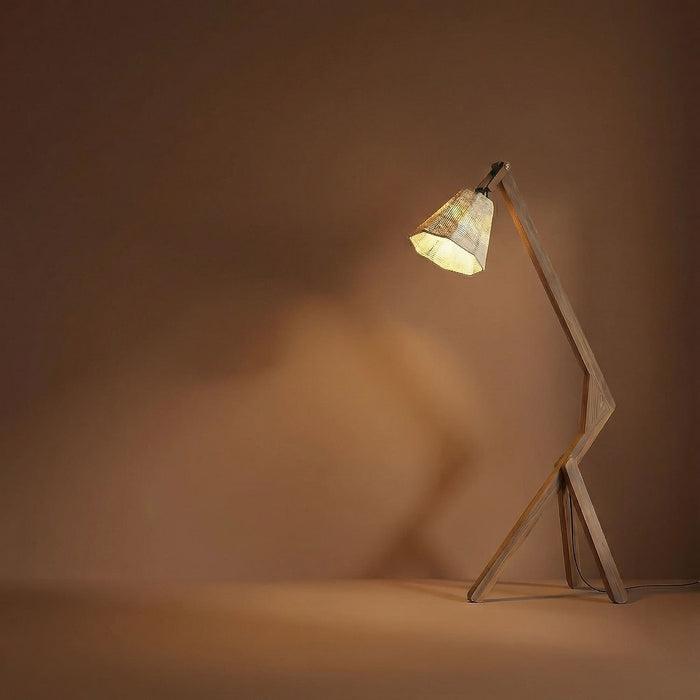 Emphasis Wooden Floor Lamp with Brown Base and Beige Fabric Lampshade
