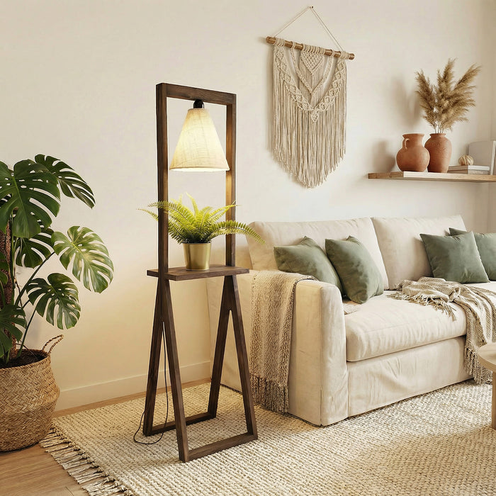 Euphoria Wooden Floor Lamp with Brown Base and Beige Fabric Lampshade