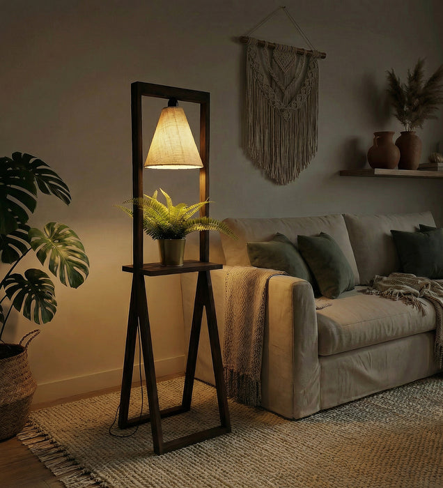 Euphoria Wooden Floor Lamp with Brown Base and Beige Fabric Lampshade