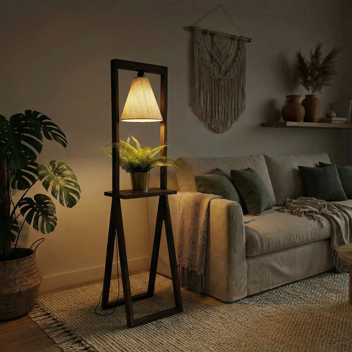 Euphoria Wooden Floor Lamp with Brown Base and Beige Fabric Lampshade