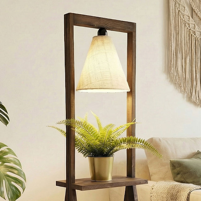 Euphoria Wooden Floor Lamp with Brown Base and Beige Fabric Lampshade