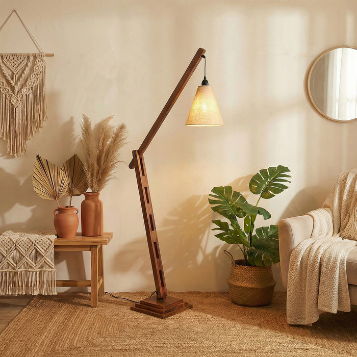 Fisher Wooden Floor Lamp with Brown Base and Jute Fabric Lampshade