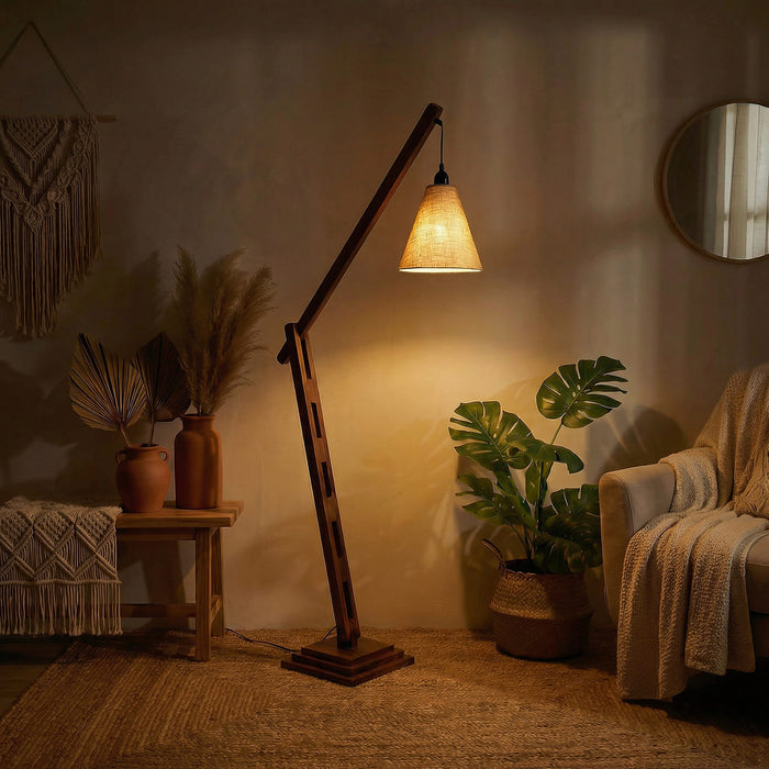 Fisher Wooden Floor Lamp with Brown Base and Jute Fabric Lampshade