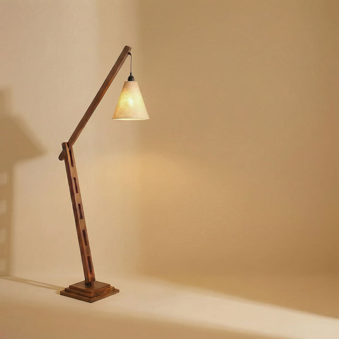 Fisher Wooden Floor Lamp with Brown Base and Jute Fabric Lampshade