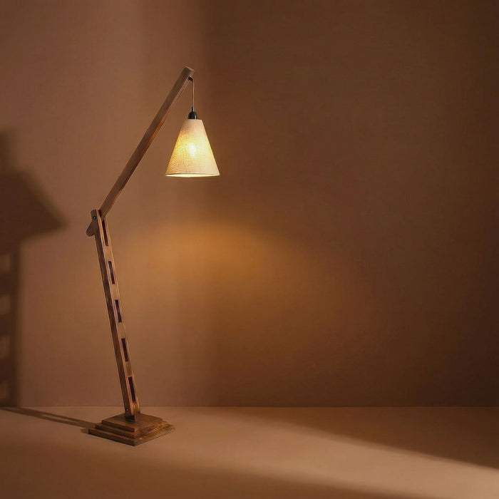 Fisher Wooden Floor Lamp with Brown Base and Jute Fabric Lampshade
