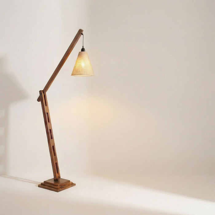 Fisher Wooden Floor Lamp with Brown Base and Jute Fabric Lampshade