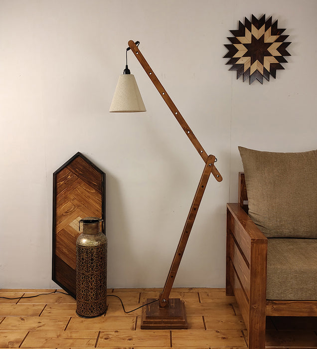 Fisher Wooden Floor Lamp with Brown Base and Jute Fabric Lampshade