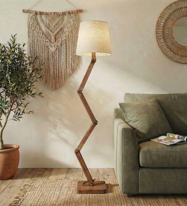 Flex Wooden Floor Lamp with Brown Base and Beige Fabric Lampshade